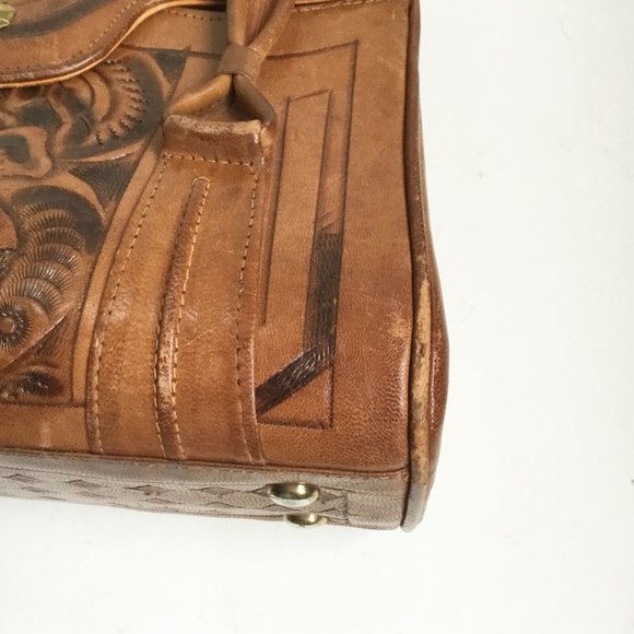 Vintage Avelar's Hand Tooled Floral Leather Handbag Bag Purse - Picture 7 of 13